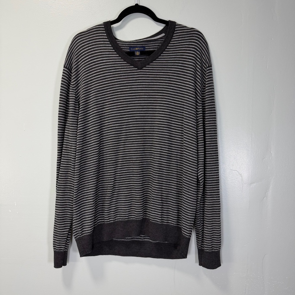 Club Room Black and Gray Merino Wool Blend Striped V-Neck Sweater Size XL